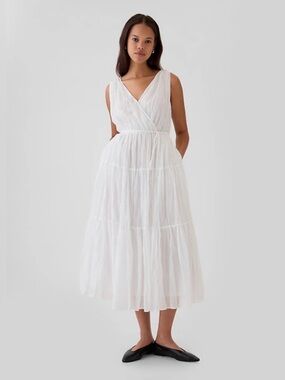 GAP Sz XXL Sleeveless White V-Neck Tiered Midi Dress Cross Bodice V-Neckline NEW